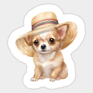 Watercolor Chihuahua Dog in Straw Hat Sticker